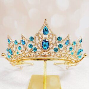 Gold crystal tiara, blue crystal crown, birthday princess tiara, vintage crown